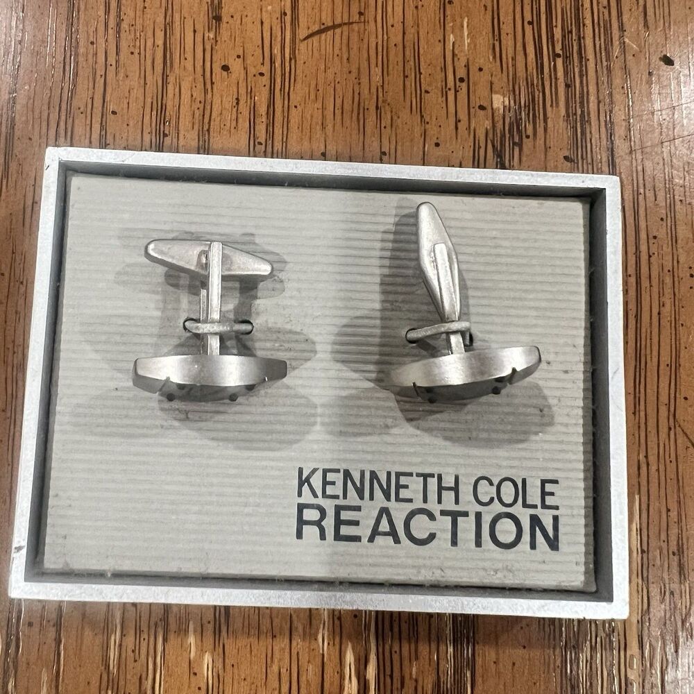 Kenneth Cole Reaction Cufflinks Square Cuff Links Silver With Black Lines NIB